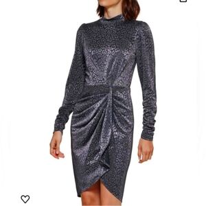 Calvin Klein Leopard Metallic Silver Dress 8 Animal Print Long Sleeve Ruched